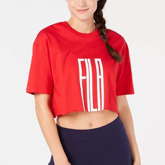 🌟FREE🌟FILA Domenica Crop Top Logo Short Sleeve T-Shirt Red White Cotton Tee - Picture 1 of 7